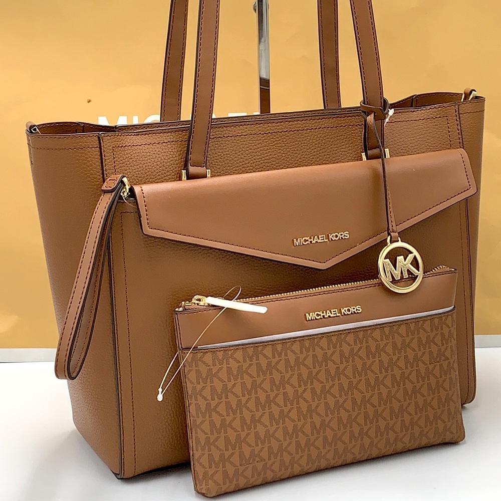 MICHAEL KORS 
Maisie Large Pebbled Leather 3-in-1 Tote Bag LUGGAGE SIGNATURE - Picture 2 of 13